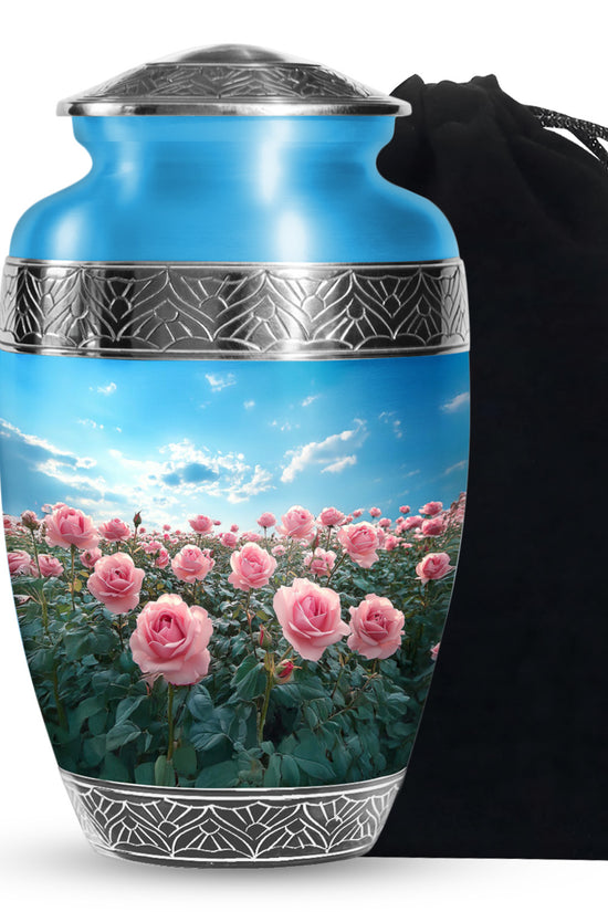 Pink Rose Field Memorial Urn - Blue Sky Cremation Urn For Loved Ones