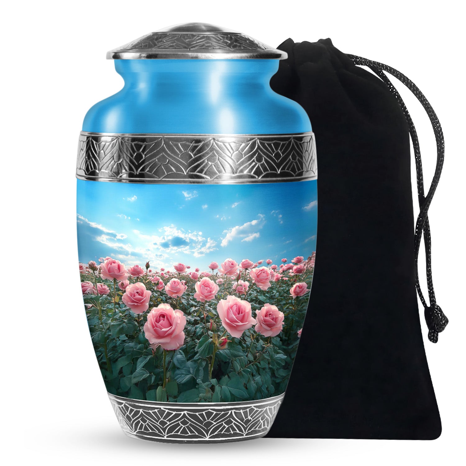 Pink Rose Field Memorial Urn - Blue Sky Cremation Urn For Loved Ones