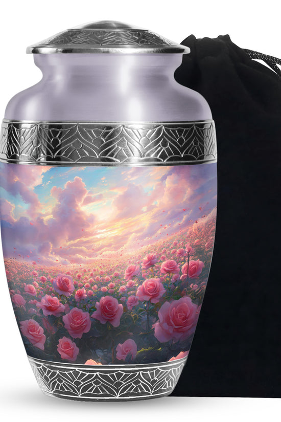 Pink Rose Landscape Memorial Urn - Beautiful Sunset Cremation Urn For Human Ashes