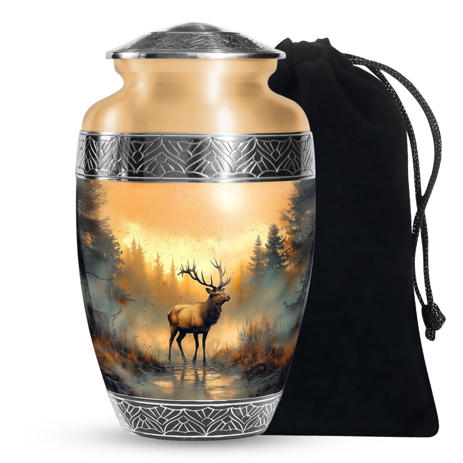 Golden Sunset Deer Cremation Urn - Peaceful Forest Memorial Urn For Loved Ones