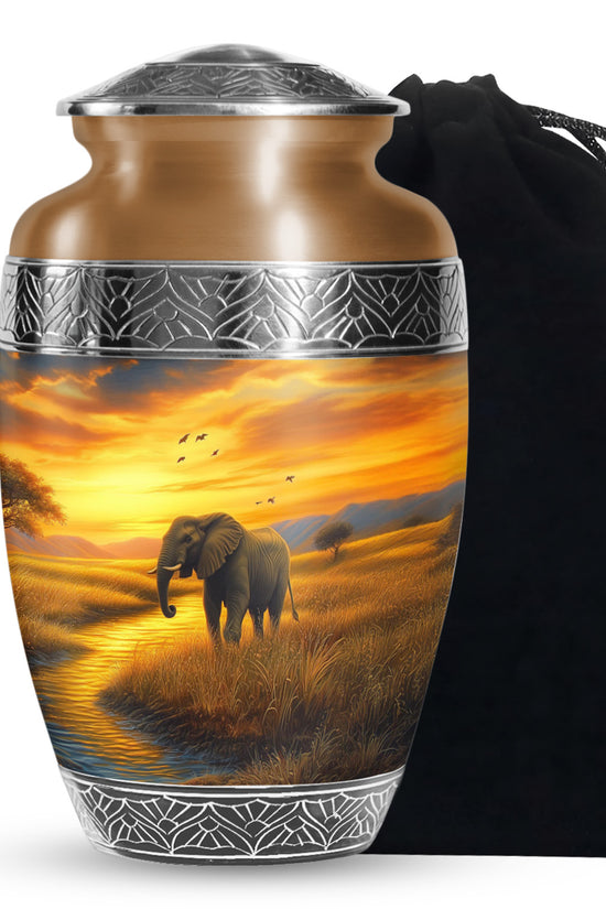 Elephant Tribute Cremation Urn – Sunset Landscape Memorial Urn for Dad & Mom
