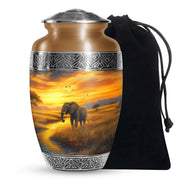 Elephant Tribute Cremation Urn – Sunset Landscape Memorial Urn for Dad & Mom