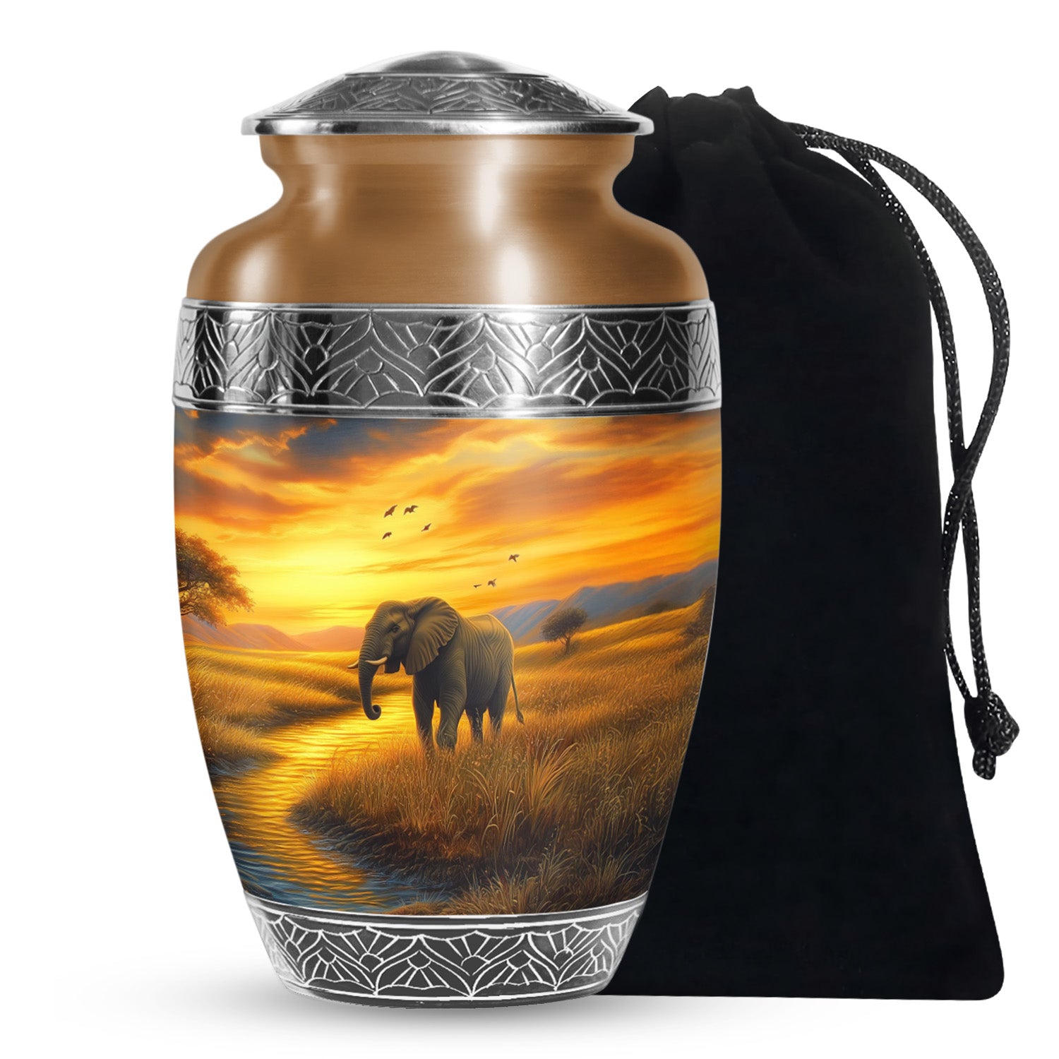 Elephant Tribute Cremation Urn – Sunset Landscape Memorial Urn for Dad & Mom
