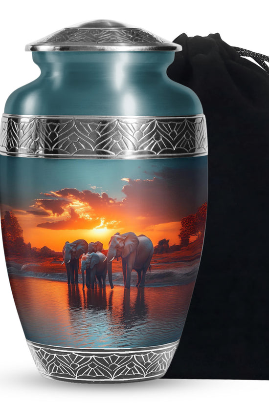 Elephant Family Creamation Urn - Beautiful Sunset Funeral Urn For Loved Ones