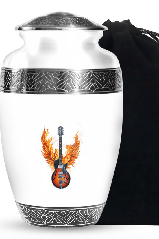 White flaming Guitar Urn - Beautiful Cremation Urns For Human Ashes
