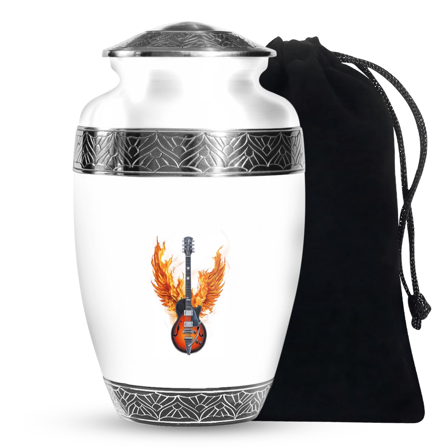 White flaming Guitar Urn - Beautiful Cremation Urns For Human Ashes