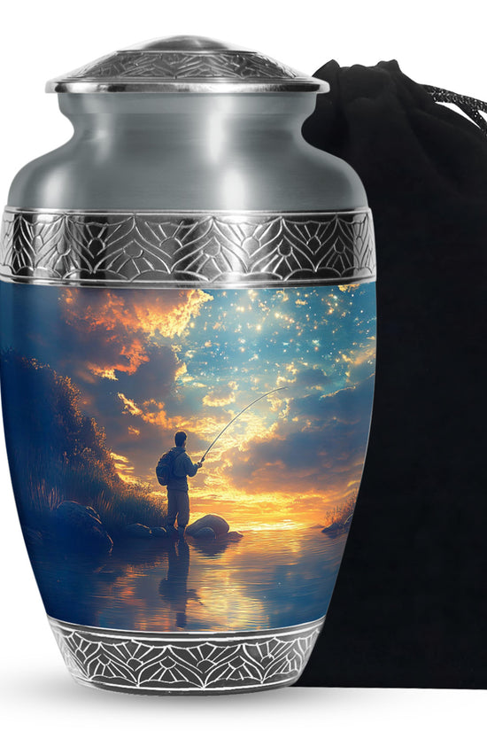 Lakeside Fisherman Silhouette Urn - Blue Sky Memorial Urn For Human Ashes