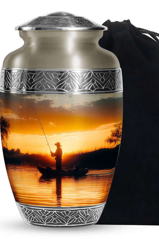 Fisherman Sunset Memorial Urn - Aluminum Cremation Urn For Burial