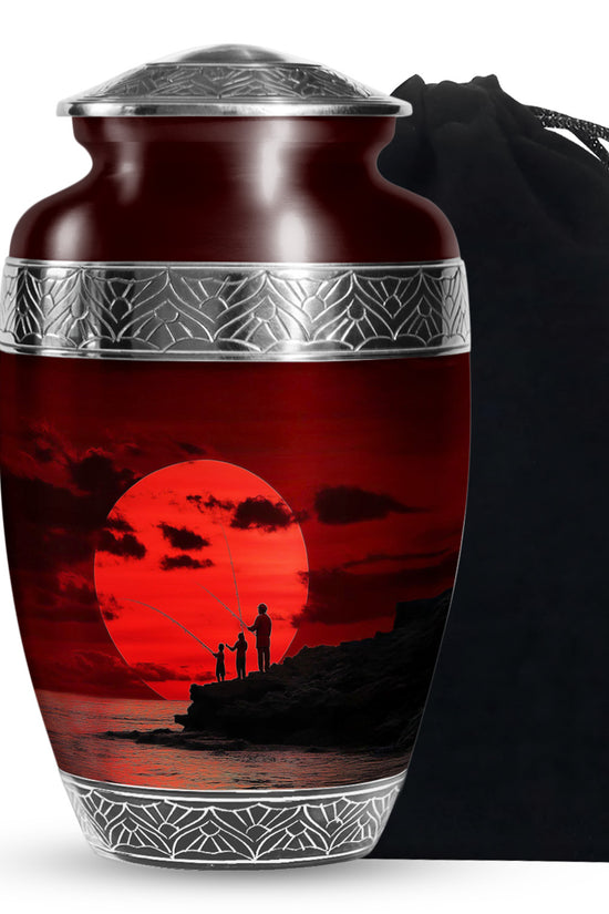 Family Fishing Memorial Urn - Red Sunset Funeral Urn For Loved Ones