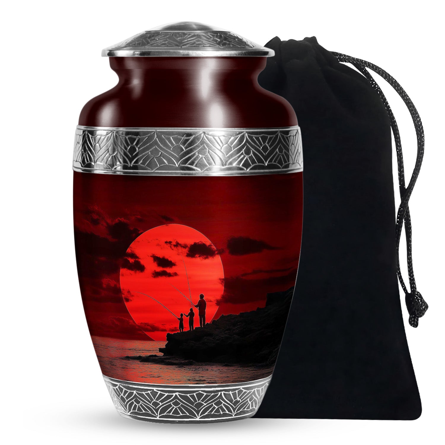 Family Fishing Memorial Urn - Red Sunset Funeral Urn For Loved Ones