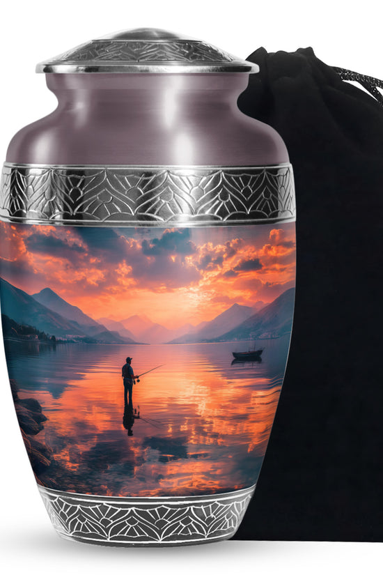 Peaceful Fishing Cremation Urn - Sunset Lake Memorial Urn For Human Ashes