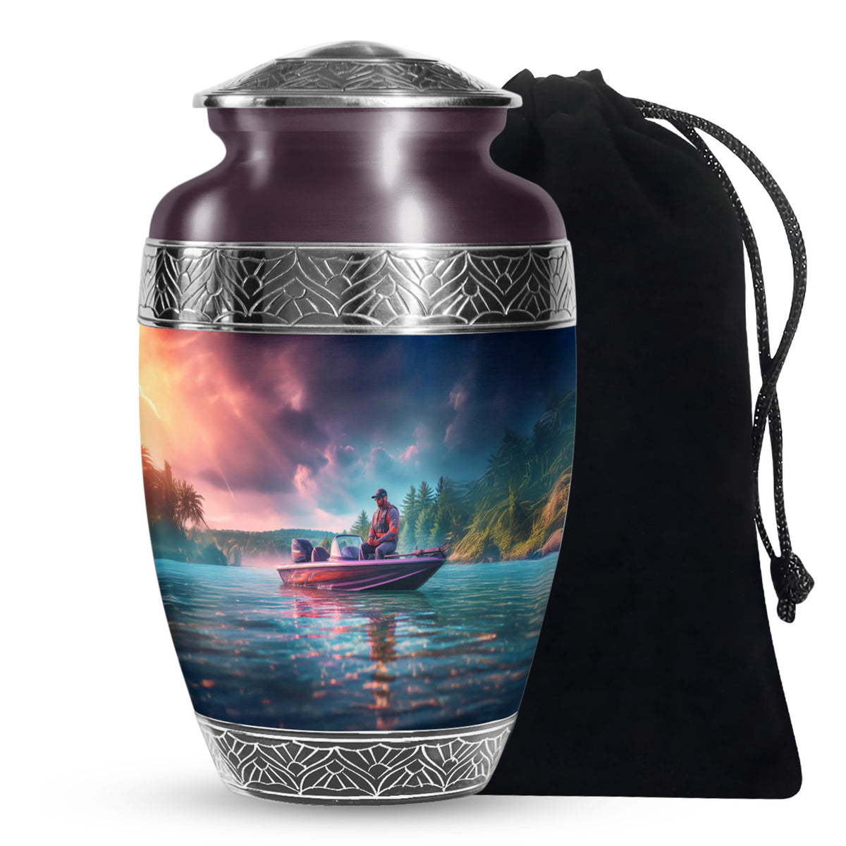 Fishing Boat Funeral Urn - Peaceful Lake Memorial Urn For Adult Ashes