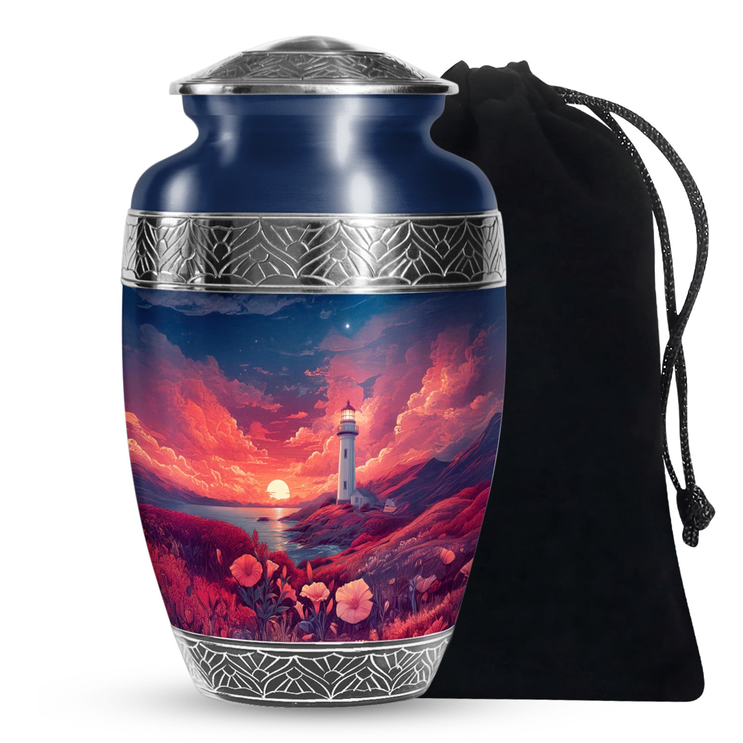 Red Sunset Ocean Lighthouse Urn - Beautiful Memorial Urn For Loved Ones