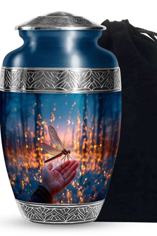 Golden Dragonfly Funeral Urn -Navy Blue Memorial Urn For Mother & Father