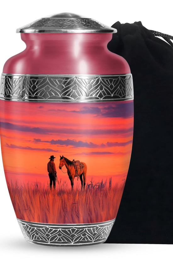 Cowboy Horse Field Memorial Urn - Sunset Cremation Urn For Dad Ashes