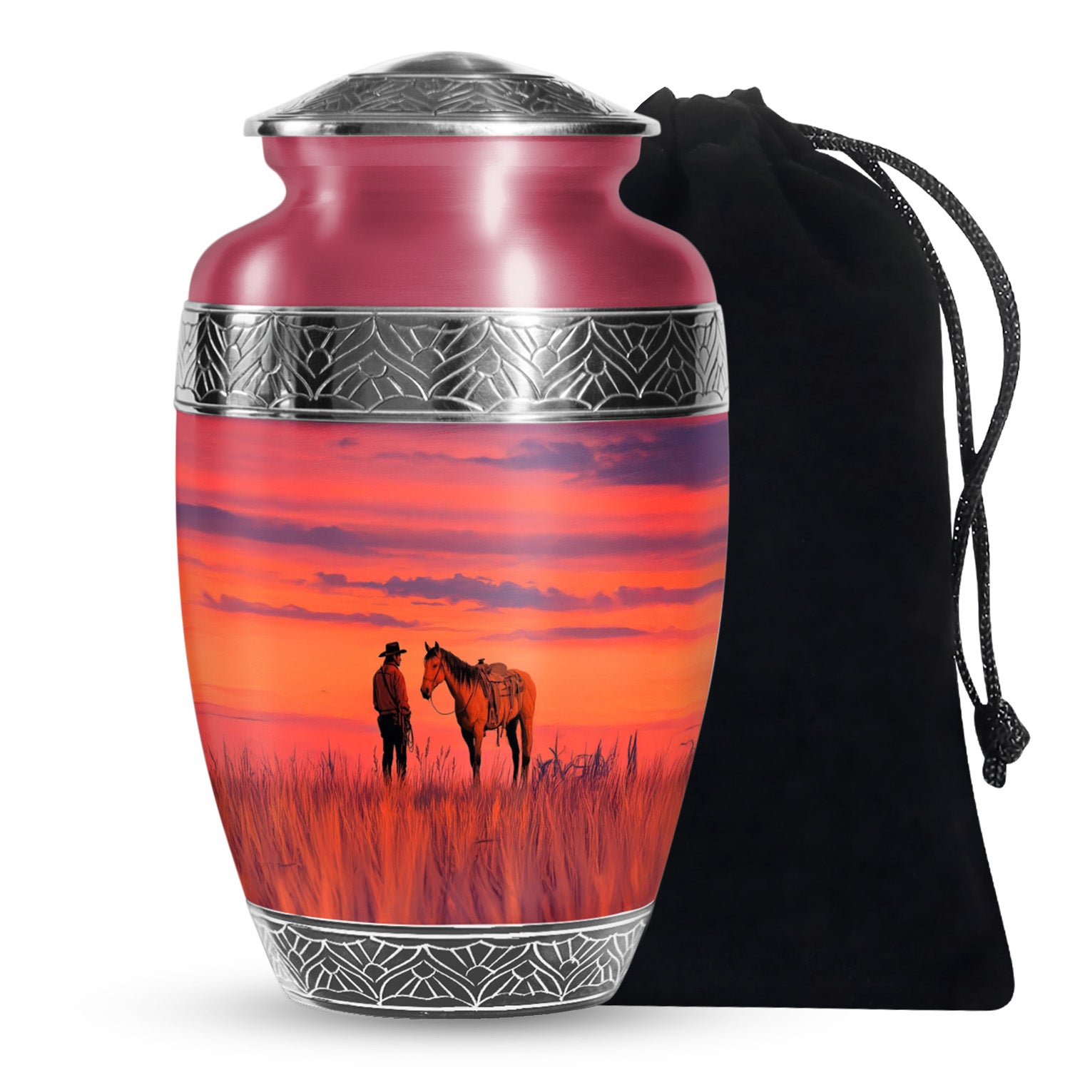 Cowboy Horse Field Memorial Urn - Sunset Cremation Urn For Dad Ashes