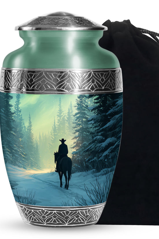 Cowboy in Snow Urn - Beautiful Sunrise Cremation Urns For Human Ashes