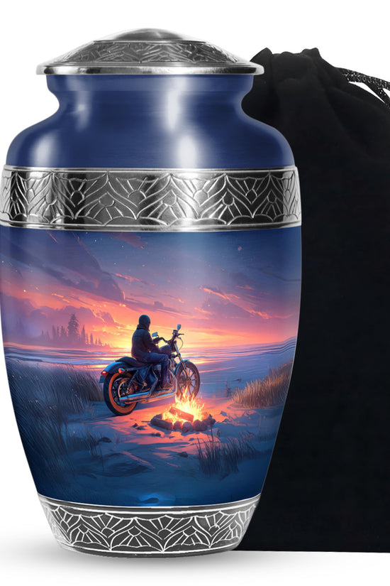 Sunset Motorcycle Rider Cremation Urn - Bonfire Funeral Urn For Loved Ones