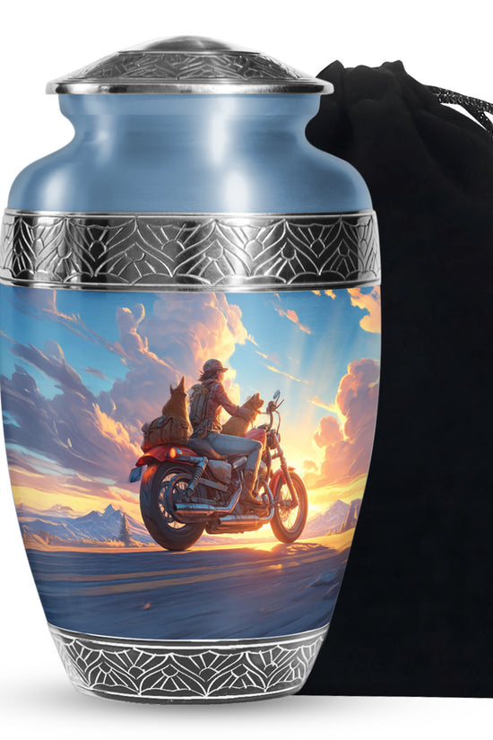 Sunset Bike Ride Memorial Urn - Beautiful Mountain Funeral Urn For Men
