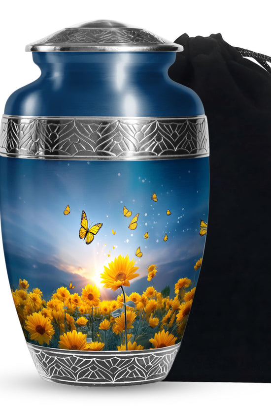 Golden Sunflower Memorial Urn - Butterfly Funeral Urn For Human Ashes