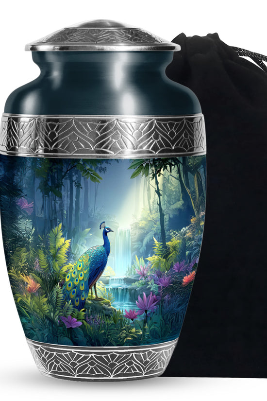 Blue Peacock Cremation Urn - Forest Waterfall Funeral Urn For Adult Ashes