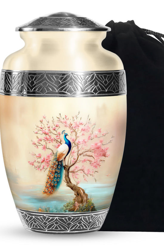 Elegant Peacock Floral Urn - Cherry Blossom Cremation Urn For Loved Ones
