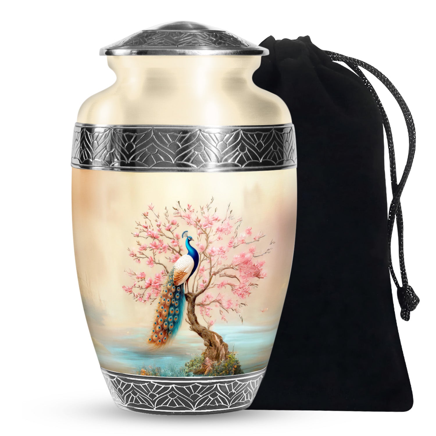 Elegant Peacock Floral Urn - Cherry Blossom Cremation Urn For Loved Ones