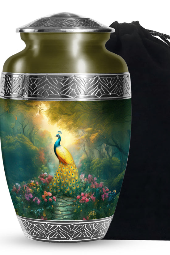 Golden Peacock Memorial Urn - Peaceful Nature Funeral Urn For Burial