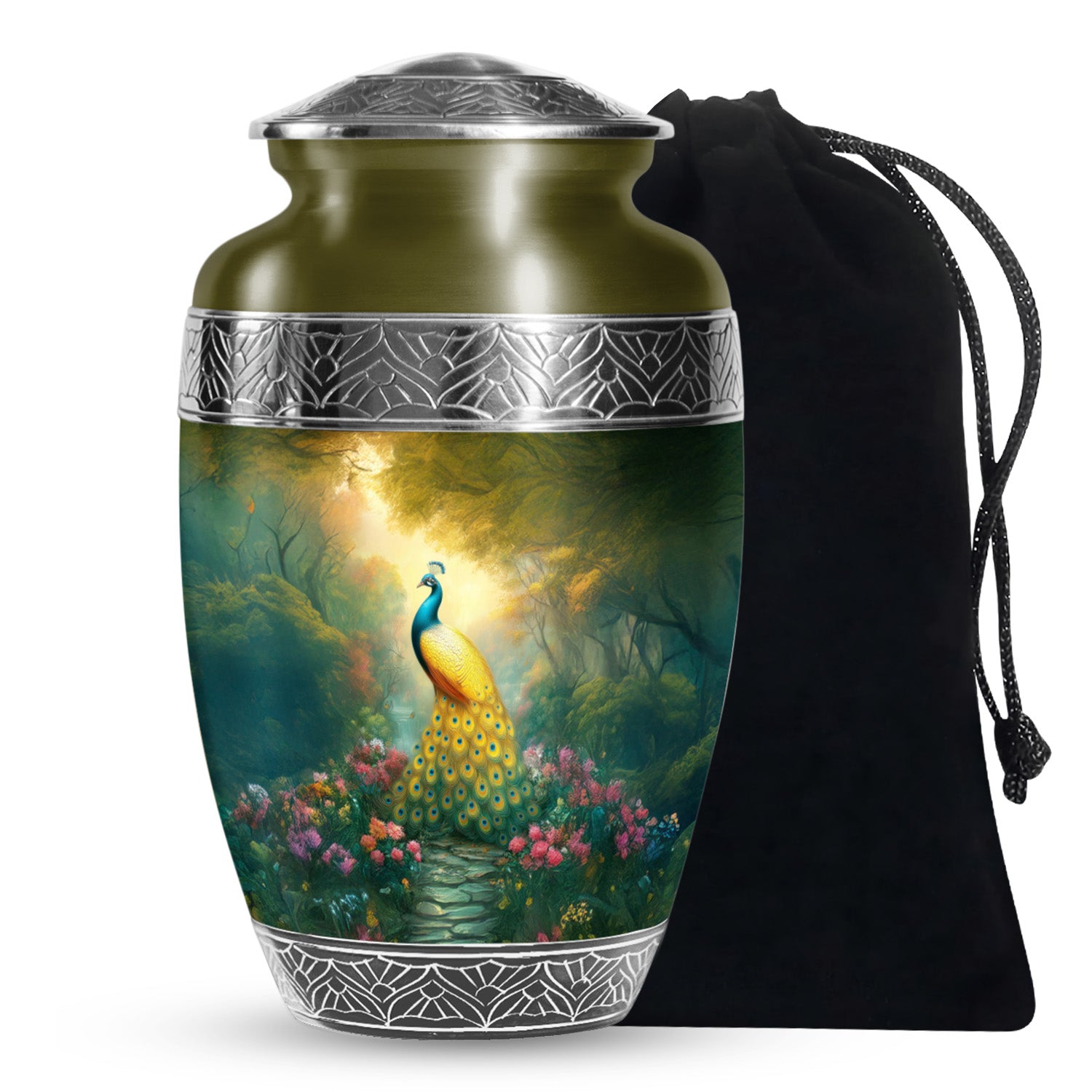 Golden Peacock Memorial Urn - Peaceful Nature Funeral Urn For Burial