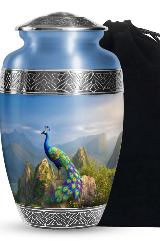 Blue Peacock Cremation Urn - Scenic Memorial Urn For Human Ashes