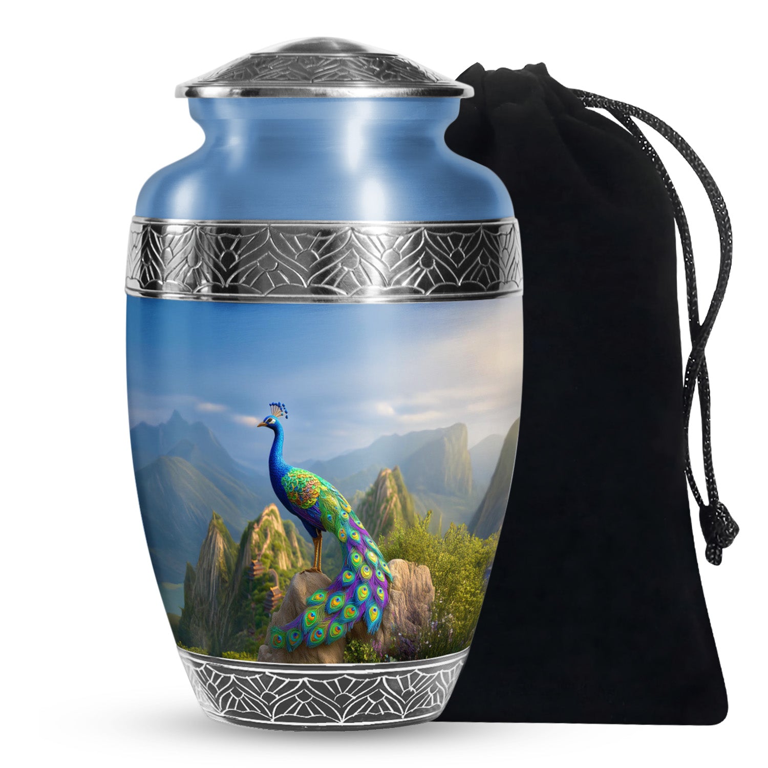 Blue Peacock Cremation Urn - Scenic Memorial Urn For Human Ashes
