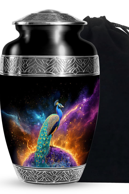 Peacock Galaxy Memorial Urn - Beautiful Black Aluminium Urn For Adult Ashes