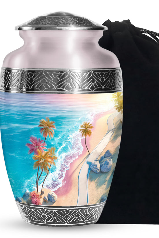 Blue Sea Urn Memorial For Ashes - Palm Trees Cremation Urn For Men