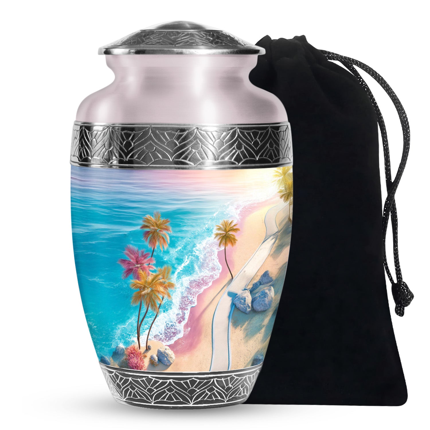 Blue Sea Urn Memorial For Ashes - Palm Trees Cremation Urn For Men