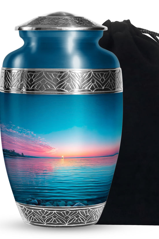 Blue Ocean Memorial Urn For Funeral - Sunset Cremation Urn For Ashes