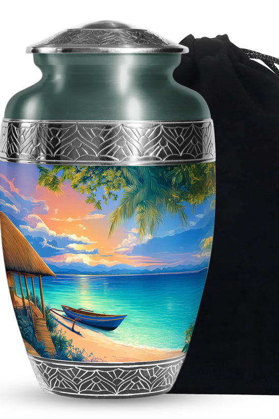 Tropical Boat Memorial Urn - Peaceful Beach Cremation Urn For Human Ashes