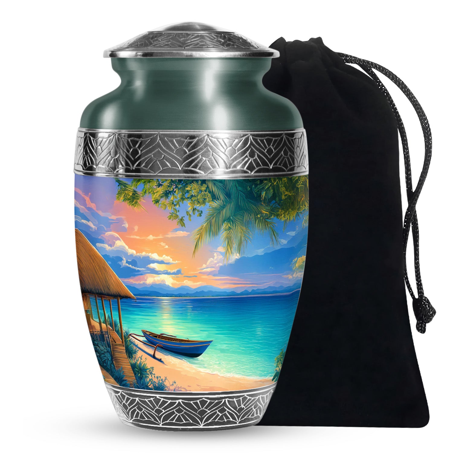 Tropical Boat Memorial Urn - Peaceful Beach Cremation Urn For Human Ashes
