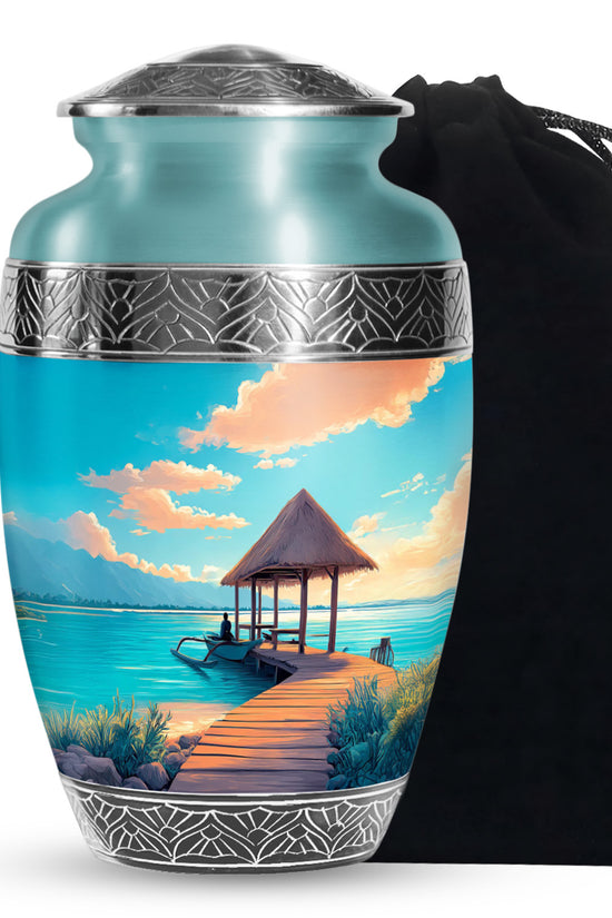 Beautiful Beach Cremation Urn - Blue Aluminum Funeral Urn For Burial