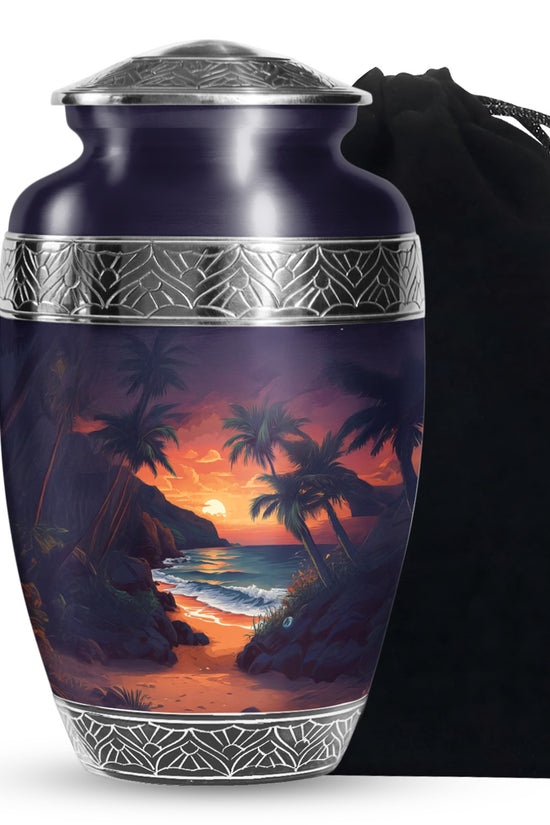 Beach Sunset Cremation Urn - Palm Tree Beach Funeral Urn For Loved Ones