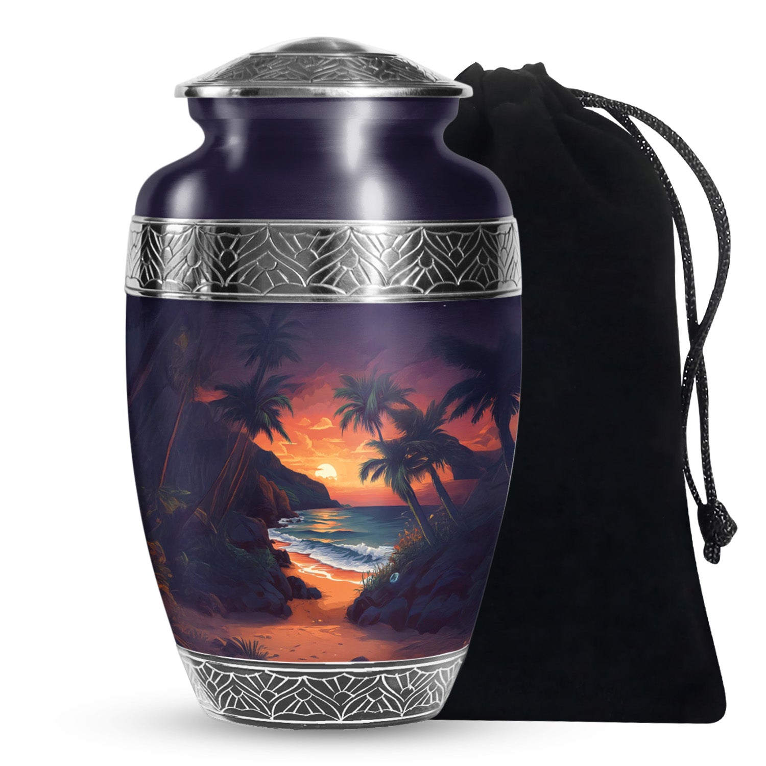 Beach Sunset Cremation Urn - Palm Tree Beach Funeral Urn For Loved Ones
