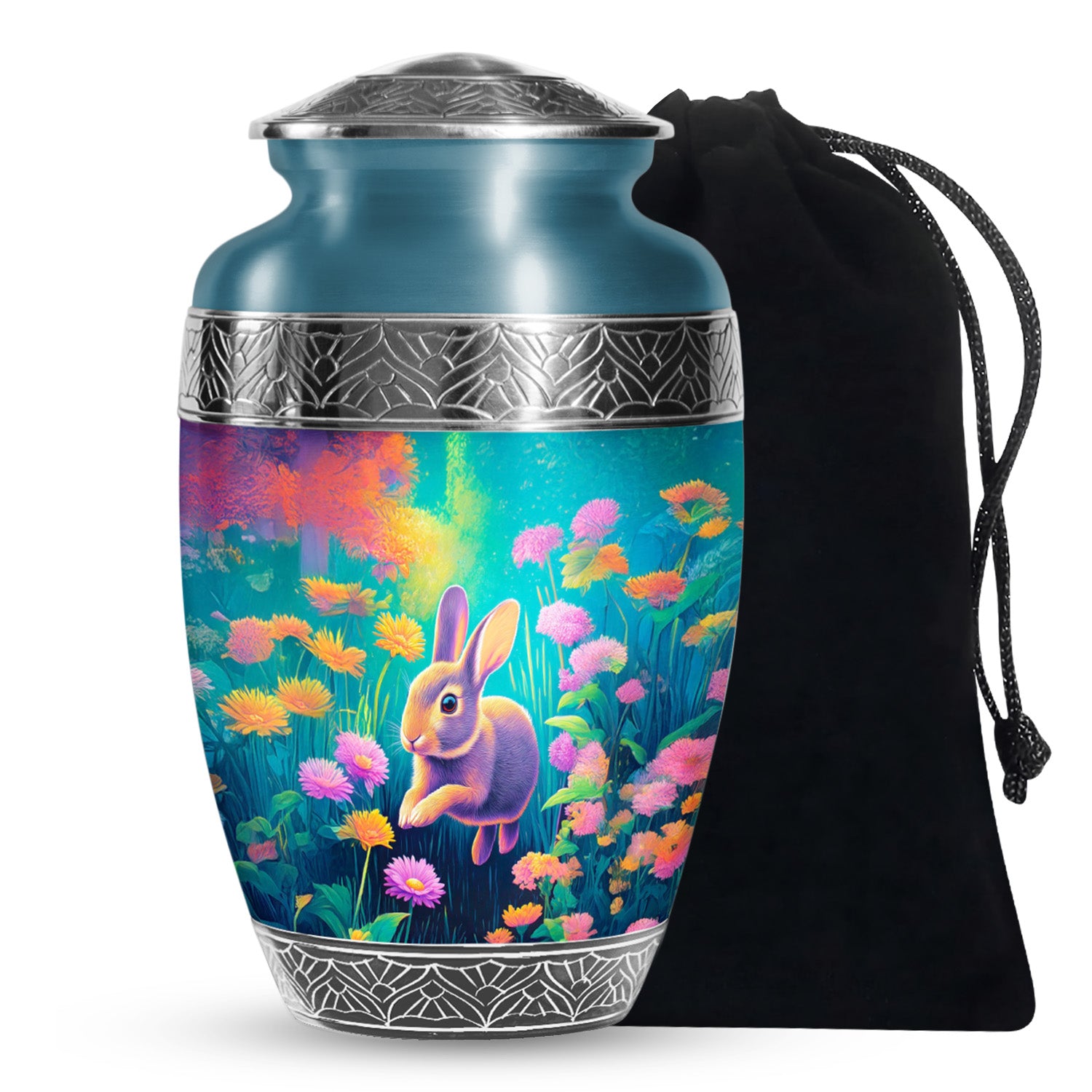 Cute Rabbit Funeral Urn - Floral Aluminium Cremation Urn For Ashes