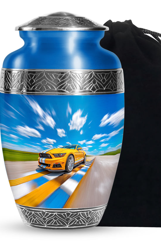 Yellow Sports Car Cremation Urn - Racing Track Memorial Urn For Adult Ashes