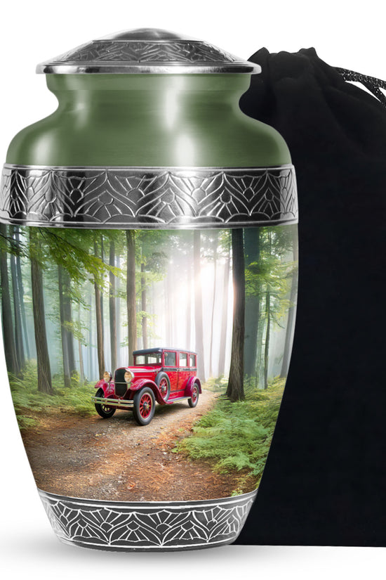 Red Antique Car Cremation Urn - Scenic Forest Memorial Urn For Loved Ones