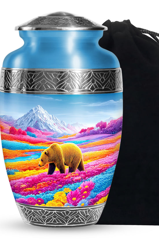 Brown Bear Funeral Urn - Colorful Flower Field Memorial Urn For Human Ashes