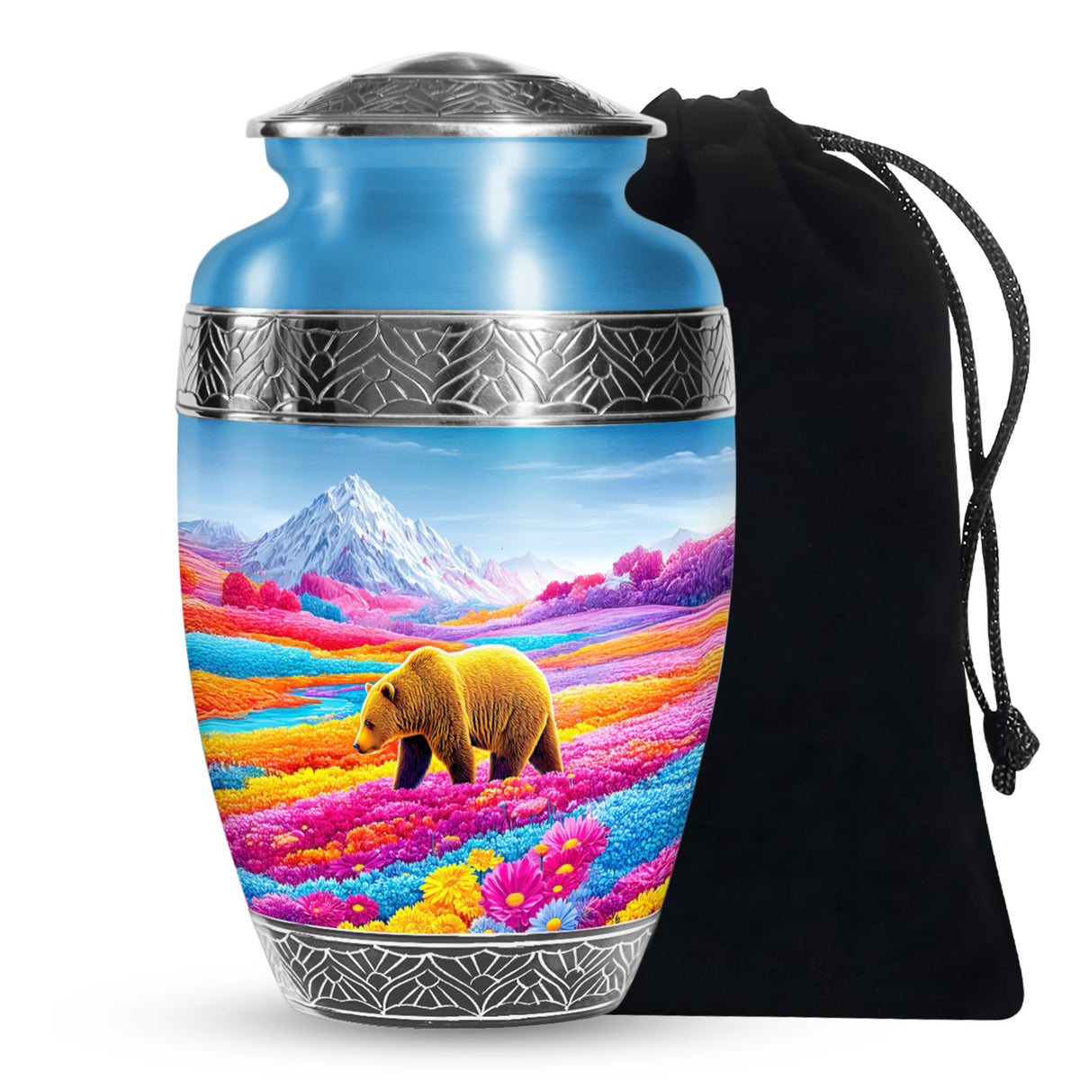 Brown Bear Funeral Urn - Colorful Flower Field Memorial Urn For Human Ashes