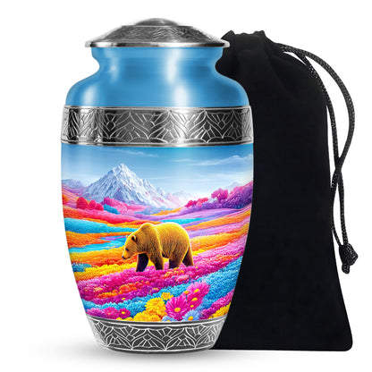 Brown Bear Funeral Urn - Colorful Flower Field Memorial Urn For Human Ashes