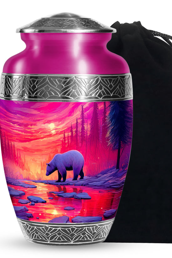 Red Sunset Bear Cremation Urn - Forest Landscape Urn For Loved Ones