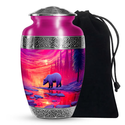 Red Sunset Bear Cremation Urn - Forest Landscape Urn For Loved Ones