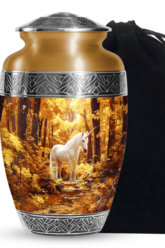 White Unicorn Cremation Urn - Autumn Forest Urn For Human Ashes