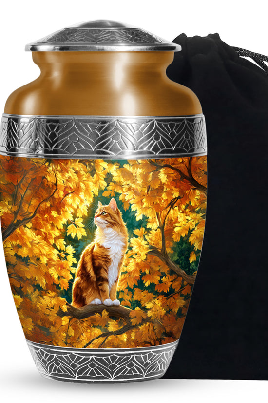 Autumn Golden Cat Memorial Urn - Decorative Funeral Urn For Adult Ashes